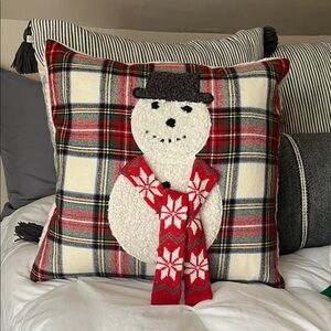 Pottery Barn Cute and Cuddly Archie The Snowman Applique Plaid Pillow Red/Black